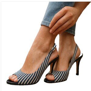 Kate Spade Designer Slingback Heels 6.5B Black White Pinstripe Classic Chic EUC